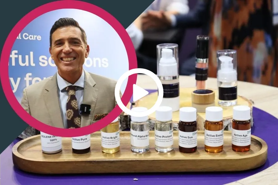 Stefano Rossiello headshot next to a collection of small sample size beauty products.